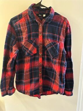 BDG Red and Navy Plaid Button-Down Flannel Shirt